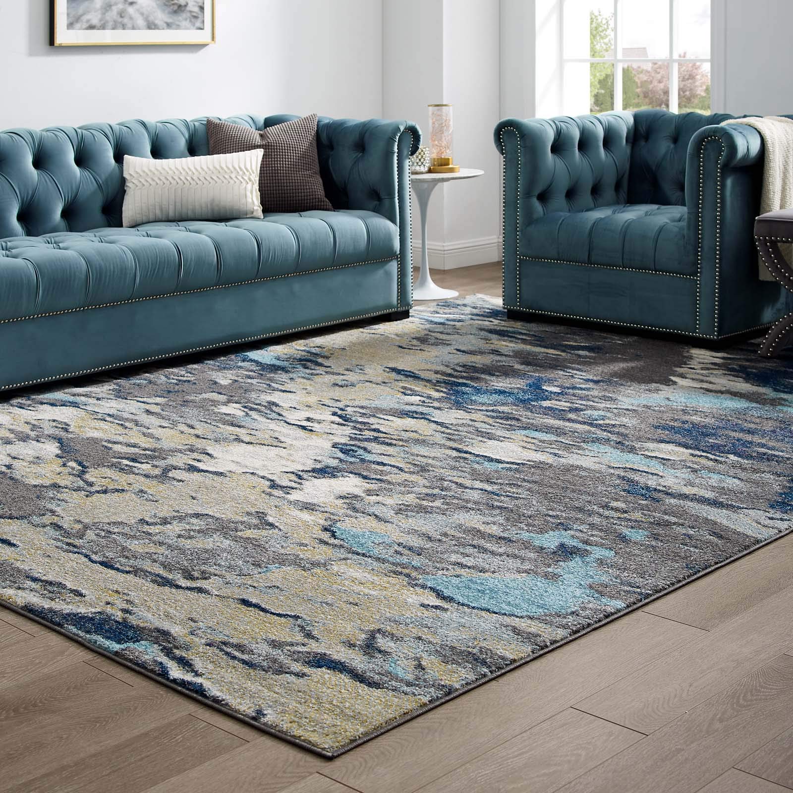 Modway Entourage Foliage Contemporary Modern Abstract Area Rug, 8X10, Blue, Tan, Gray