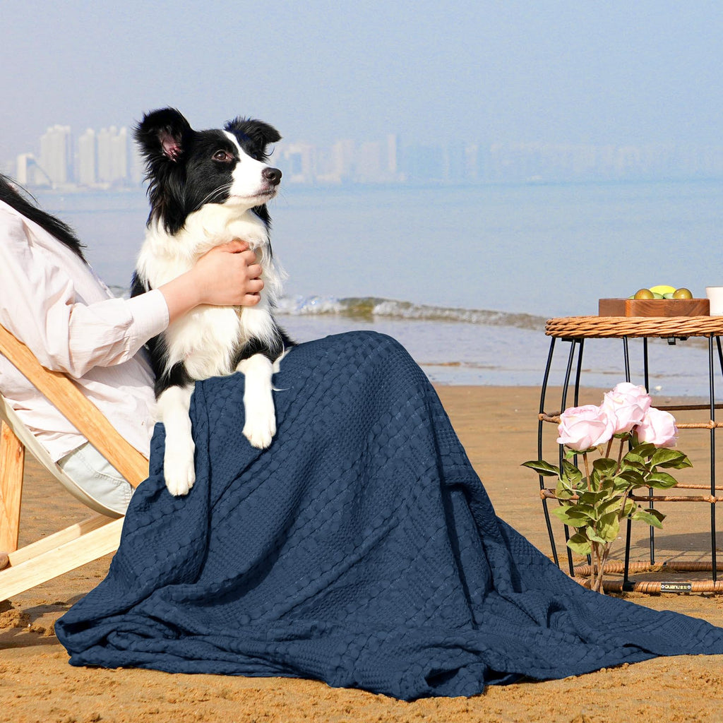Phf Cooling Waffle Blanket King Size, Lightweight 60% Rayon Derived From Bamboo & 40% Cotton Breathable Blanket For Hot Sleepers, Soft And Luxury For Bed Couch And Sofa, 104'X90', Navy Blue