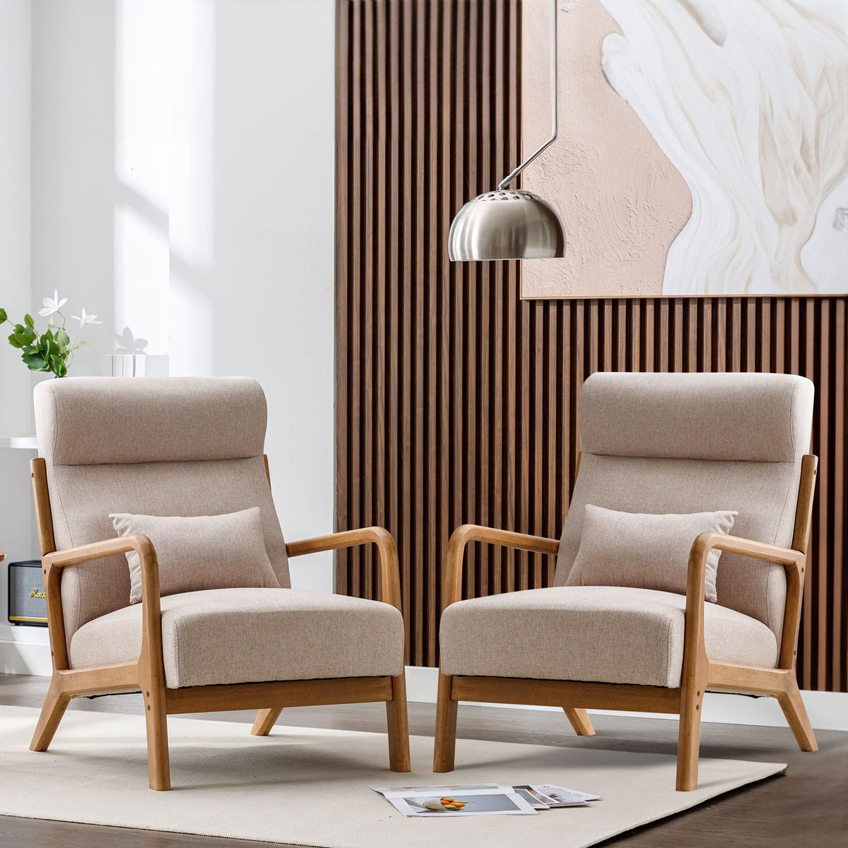ANJHOME Mid Century High Back Accent Chairs Set of 2, Single Lounge Armchair with Solid Wood Frame, Comfy Reading Chair for Livi