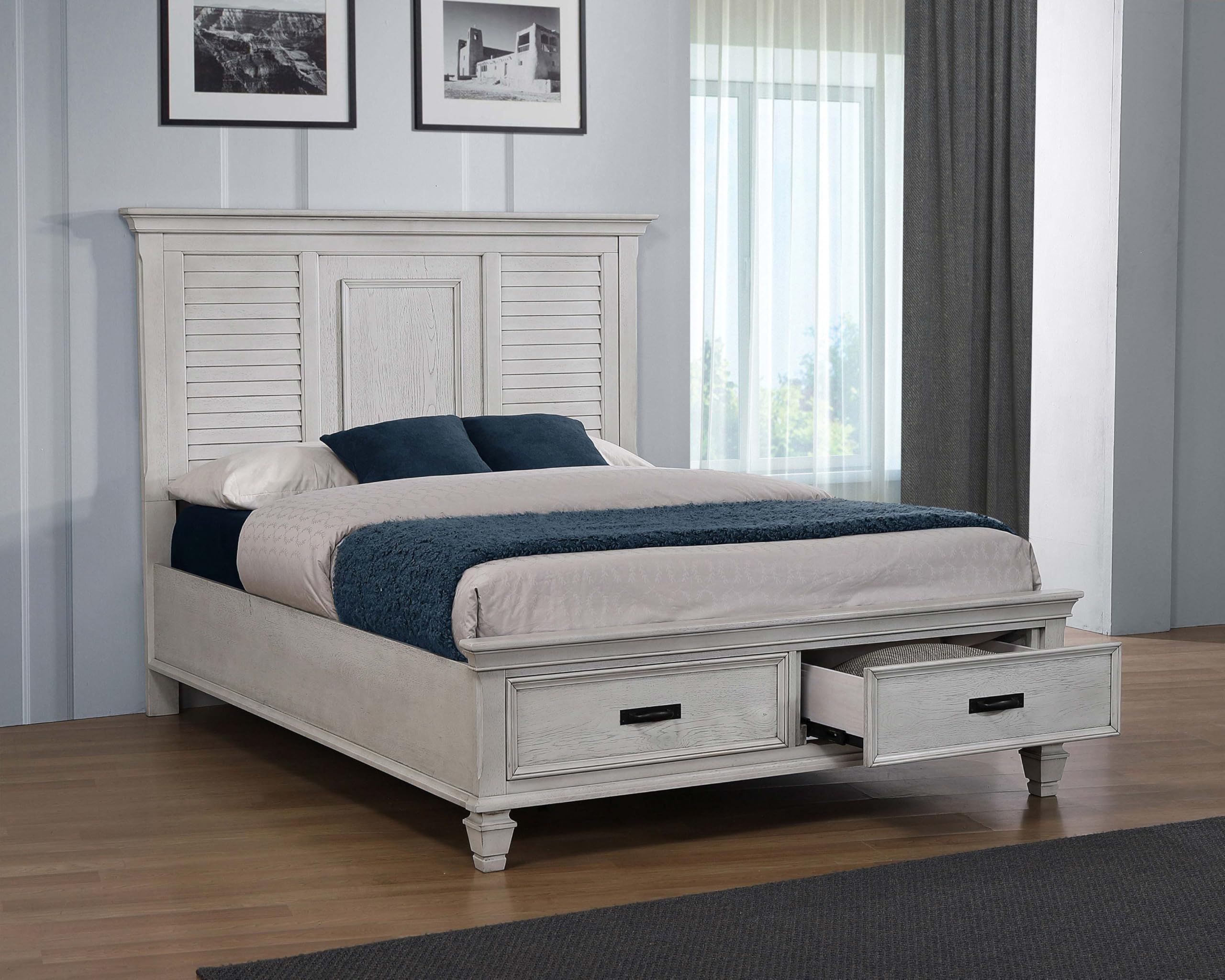 Coaster Home Furnishings Franco Farmhouse Wood Queen Size Storage Panel Bed Frame Platform Bed 57-inch Headboard Distressed White 205330Q
