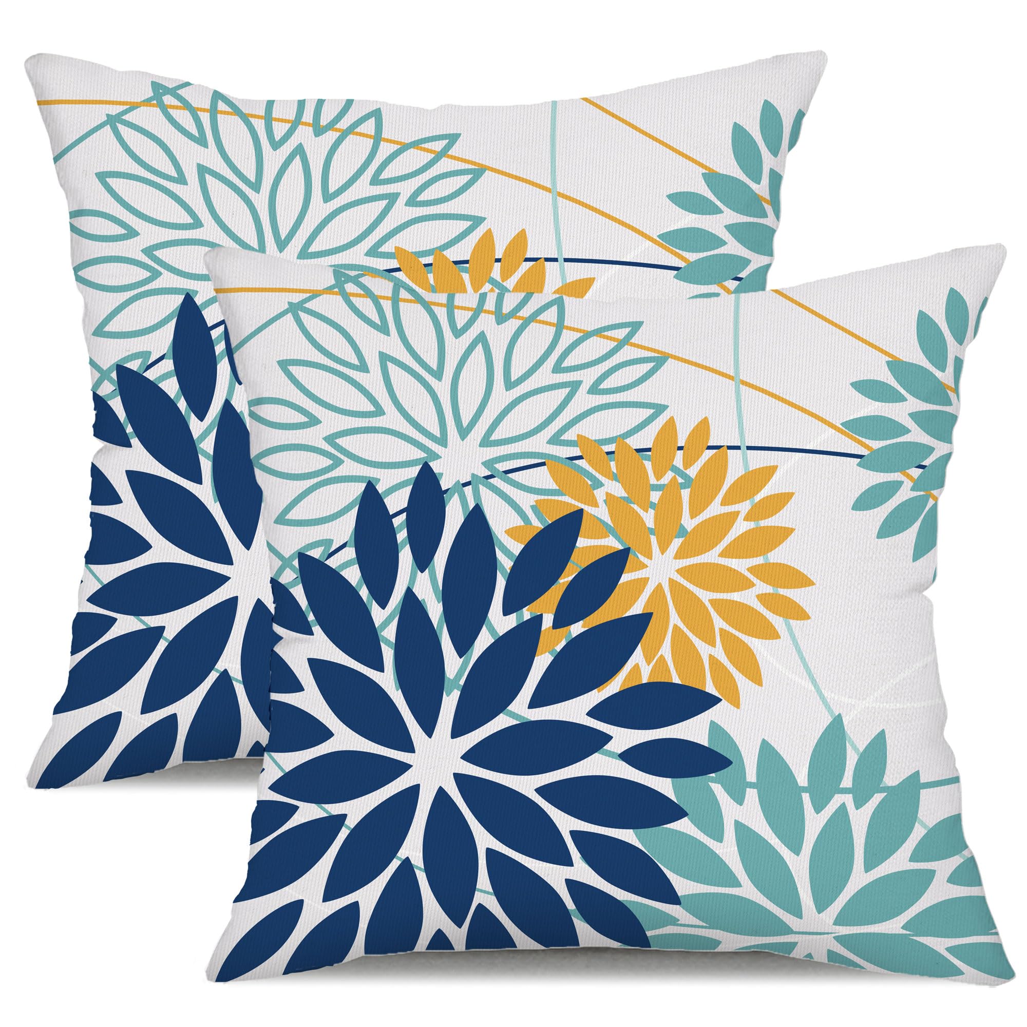 Dark Blue And Light Green Floral Pillow Covers 18X18 Set Of 2 Outdoor Pillows Covers Waterproof Summer Pillowcovers Polyester Cu