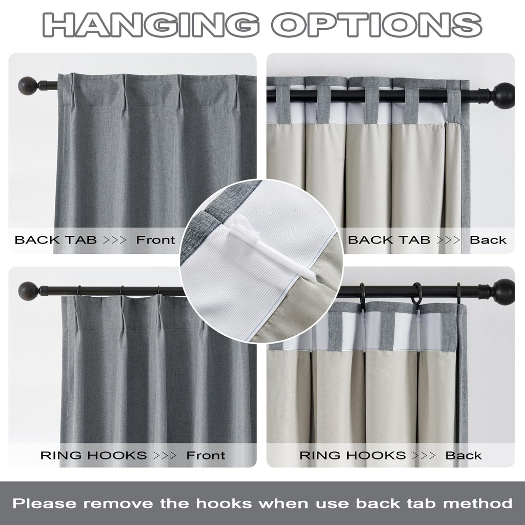 Dualife Gray Extra Long Pinch Pleated Blackout Curtains 108 Inch Length,Back Tab With Hooks Thermal Insulated Blackout Curtains