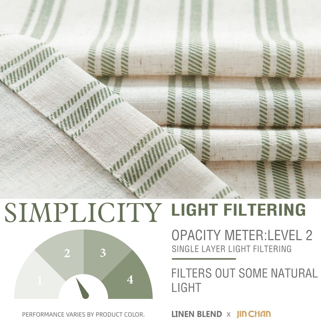 Jinchan Striped Linen Kitchen Curtains 45 Inch Cafe Tier Curtains Balanced Stripe Farmhouse Small Drapes For Bathroom Laundry Over Sink Half Window Light Filtering 2 Panels Sage Green On Beige