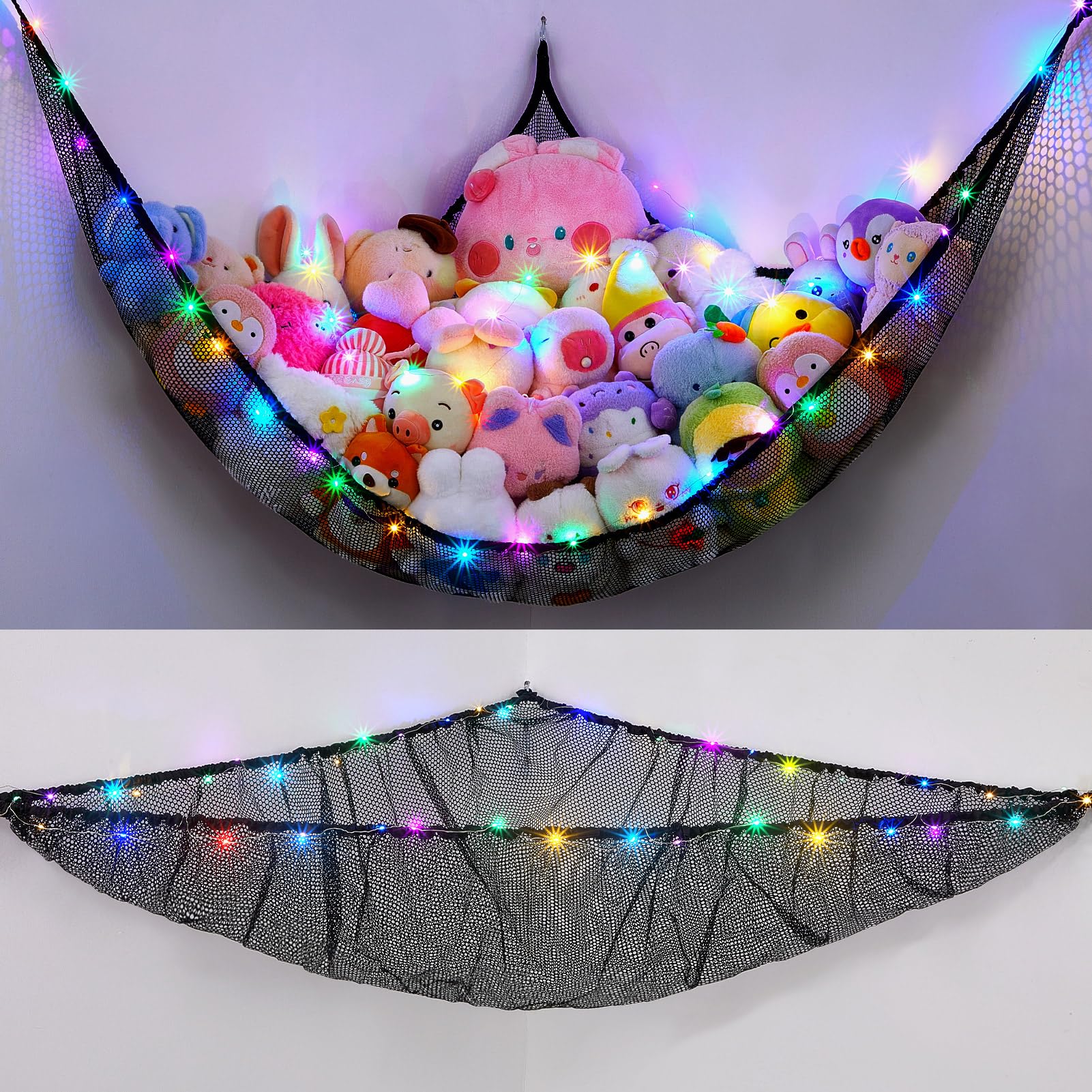 Unicorn Castle Stuffed Animals Net or Hammock Kids Toy Storage Organizer with LED Light Hanging Corner Stuffed Animals Holder Ki