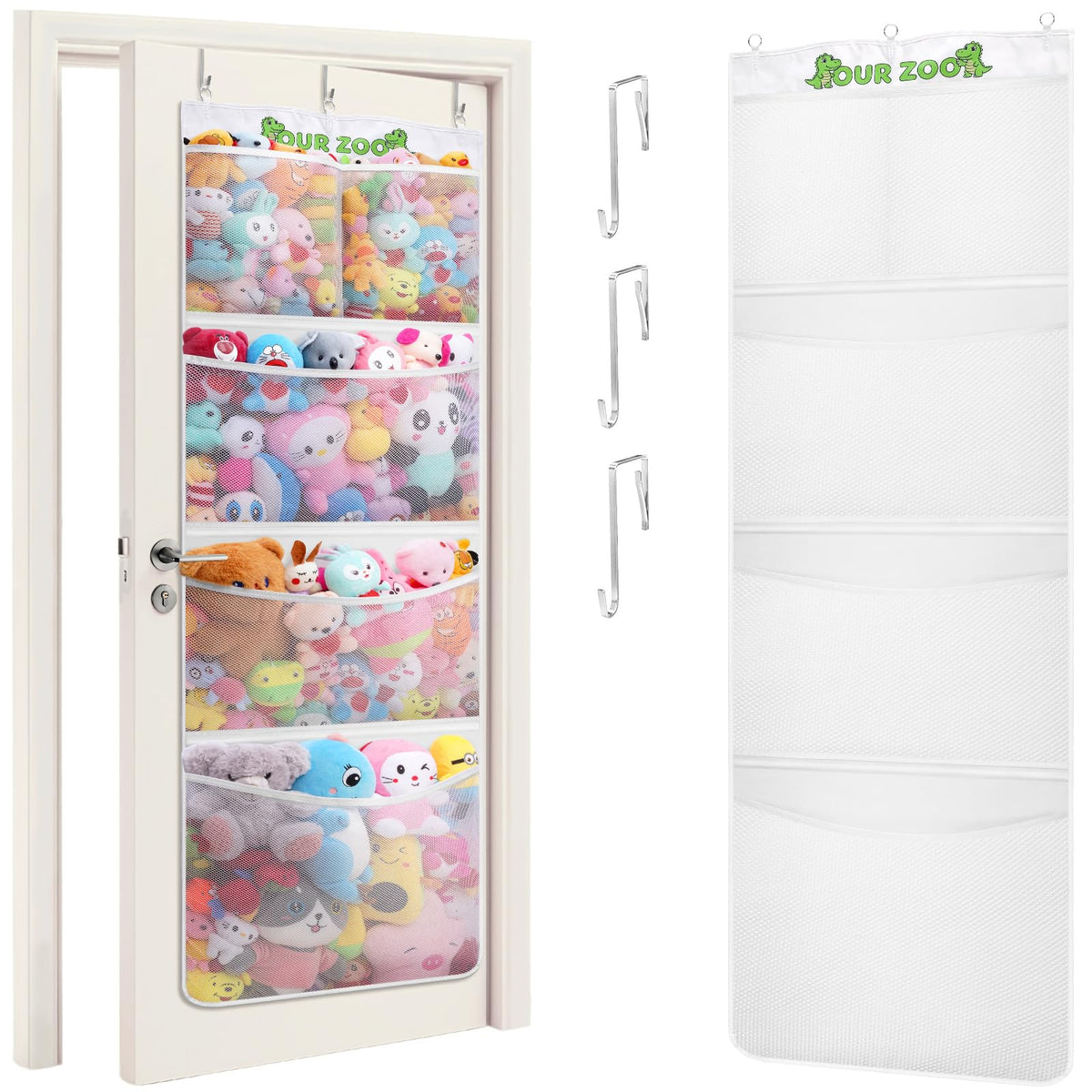 Lifewit Over Door Stuffed Animal Toy Storage with 5 Pockets, White, 1 Pack