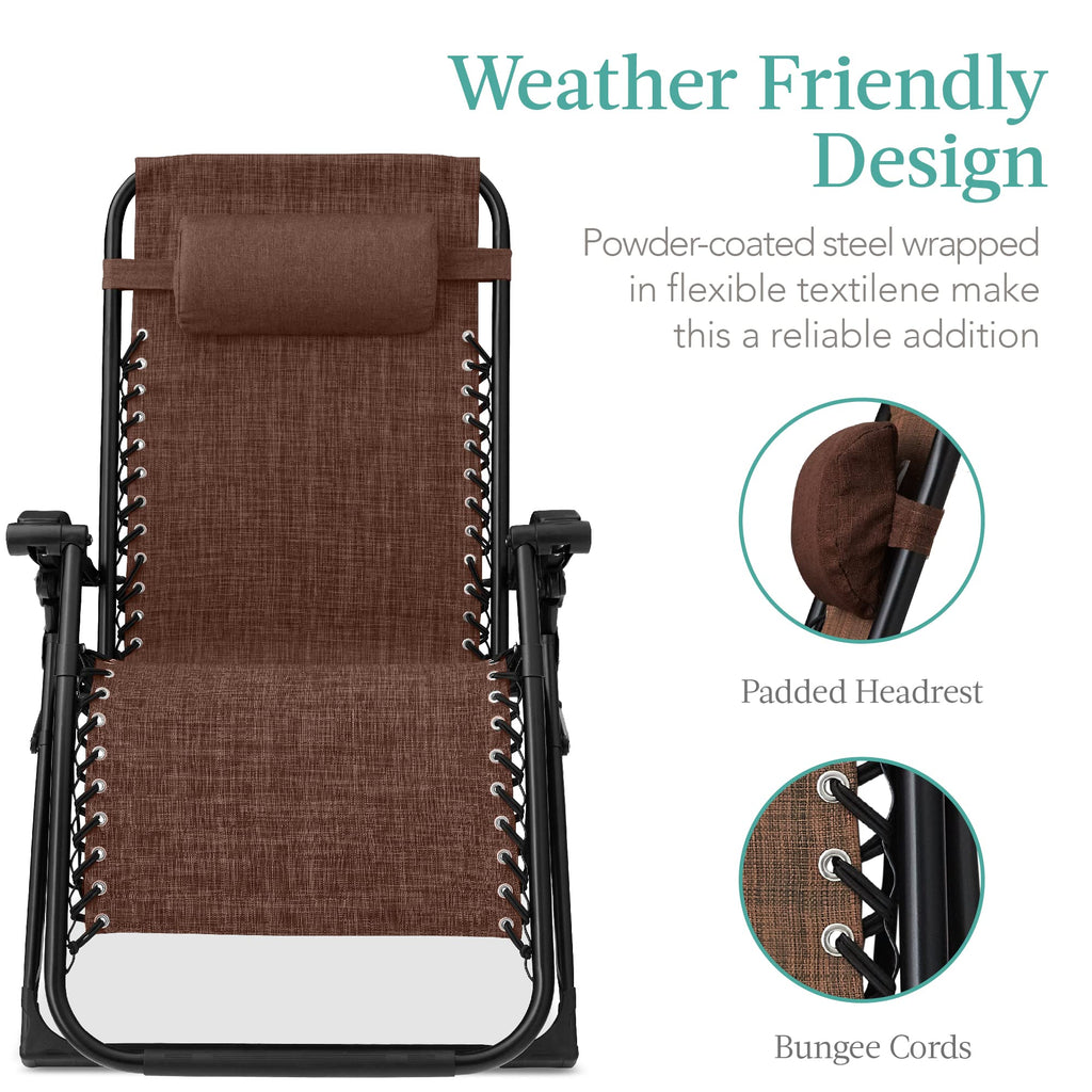 Best Choice Products Oversized Zero Gravity Chair, Folding Outdoor Patio Recliner, Xl Anti Gravity Lounger W/Removable Cushion, Cup Holder, Side Tray, 350Lb Capacity - Woodland Brown