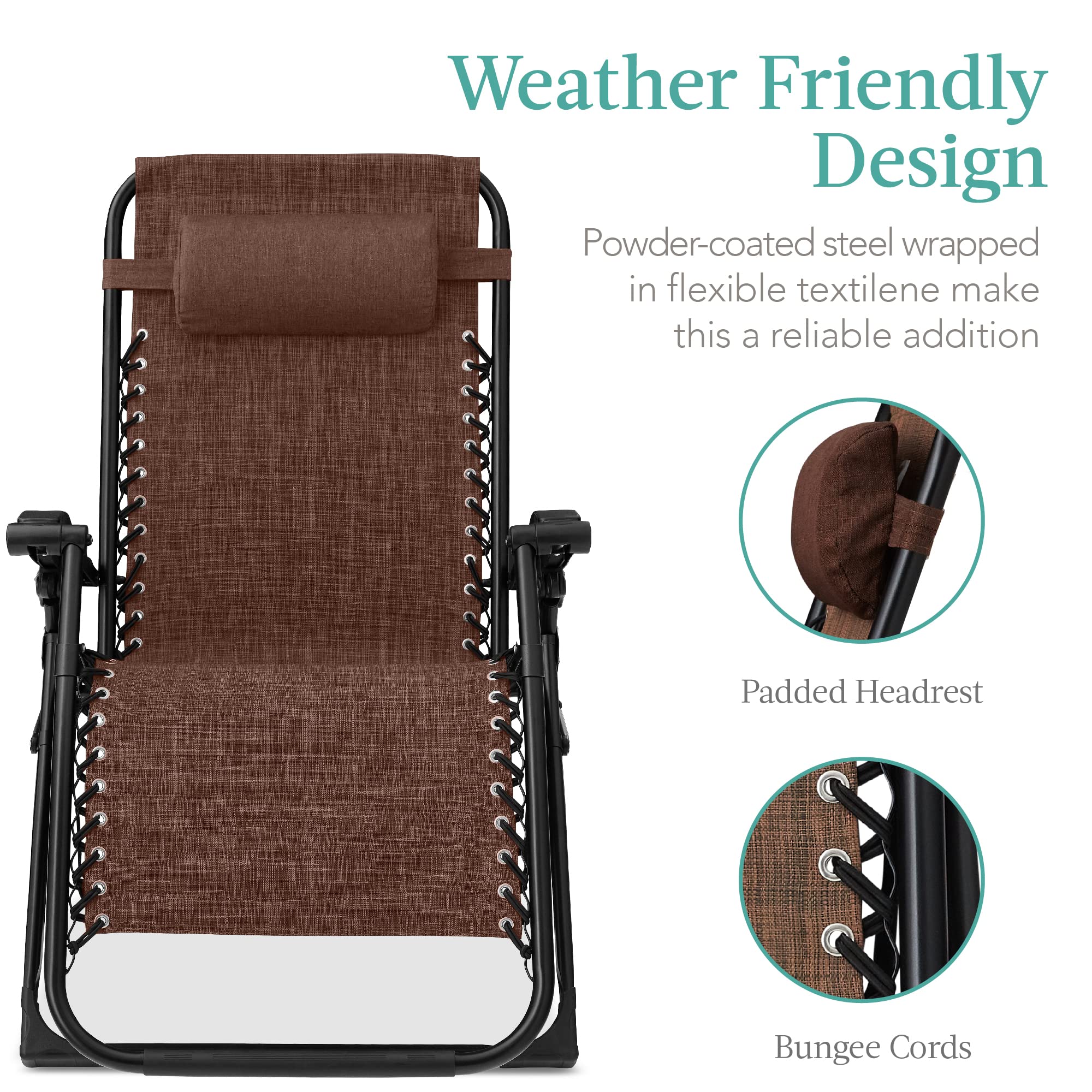 Best Choice Products Oversized Zero Gravity Chair, Folding Outdoor Patio Recliner, Xl Anti Gravity Lounger W/Removable Cushion, Cup Holder, Side Tray, 350Lb Capacity - Woodland Brown