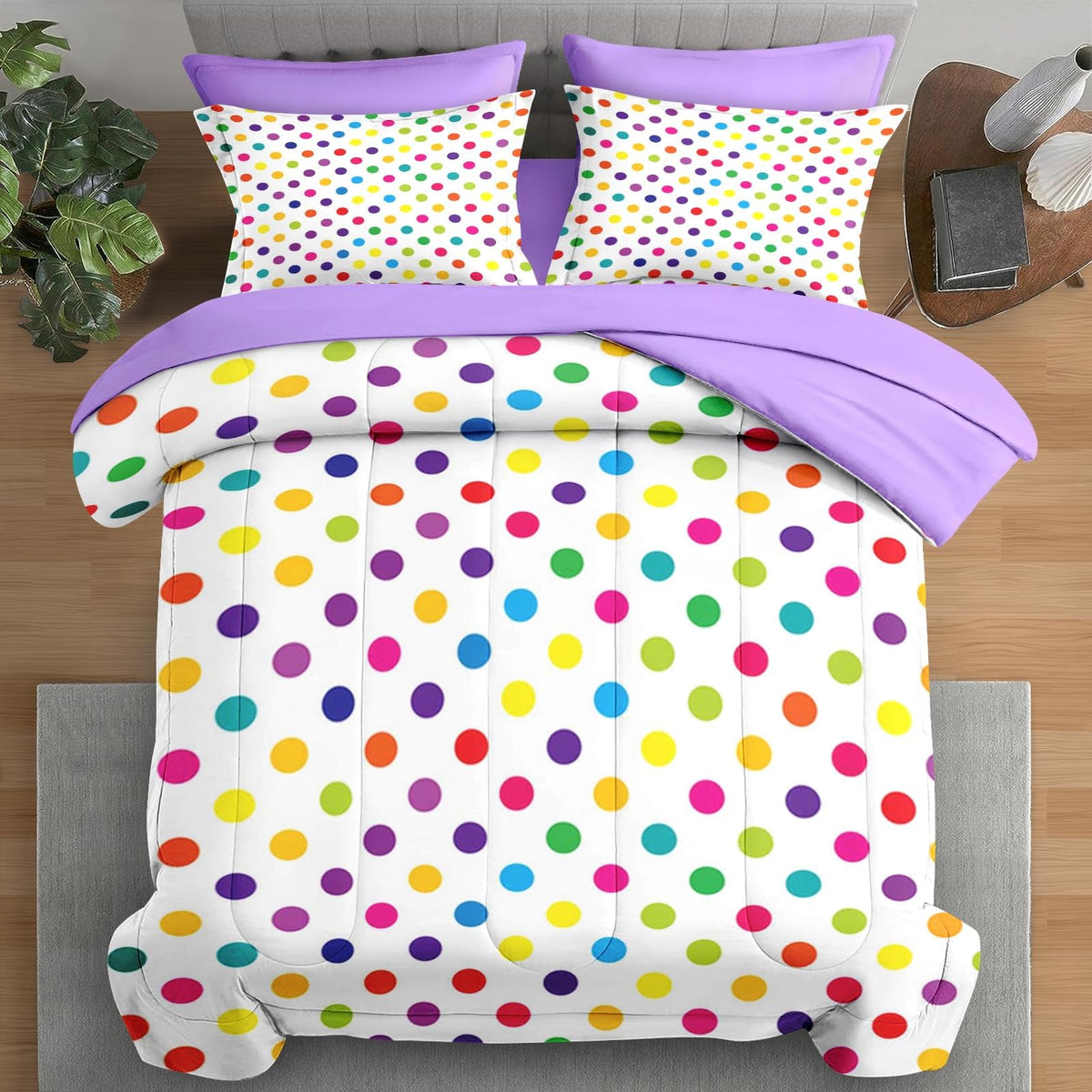 Pamnest Comforter Set Full Size, Polka Dot Purple 7 Pcs Bedding For Kids And Adults, Inspired Candy Fun Colorful Bed Sheet Sets