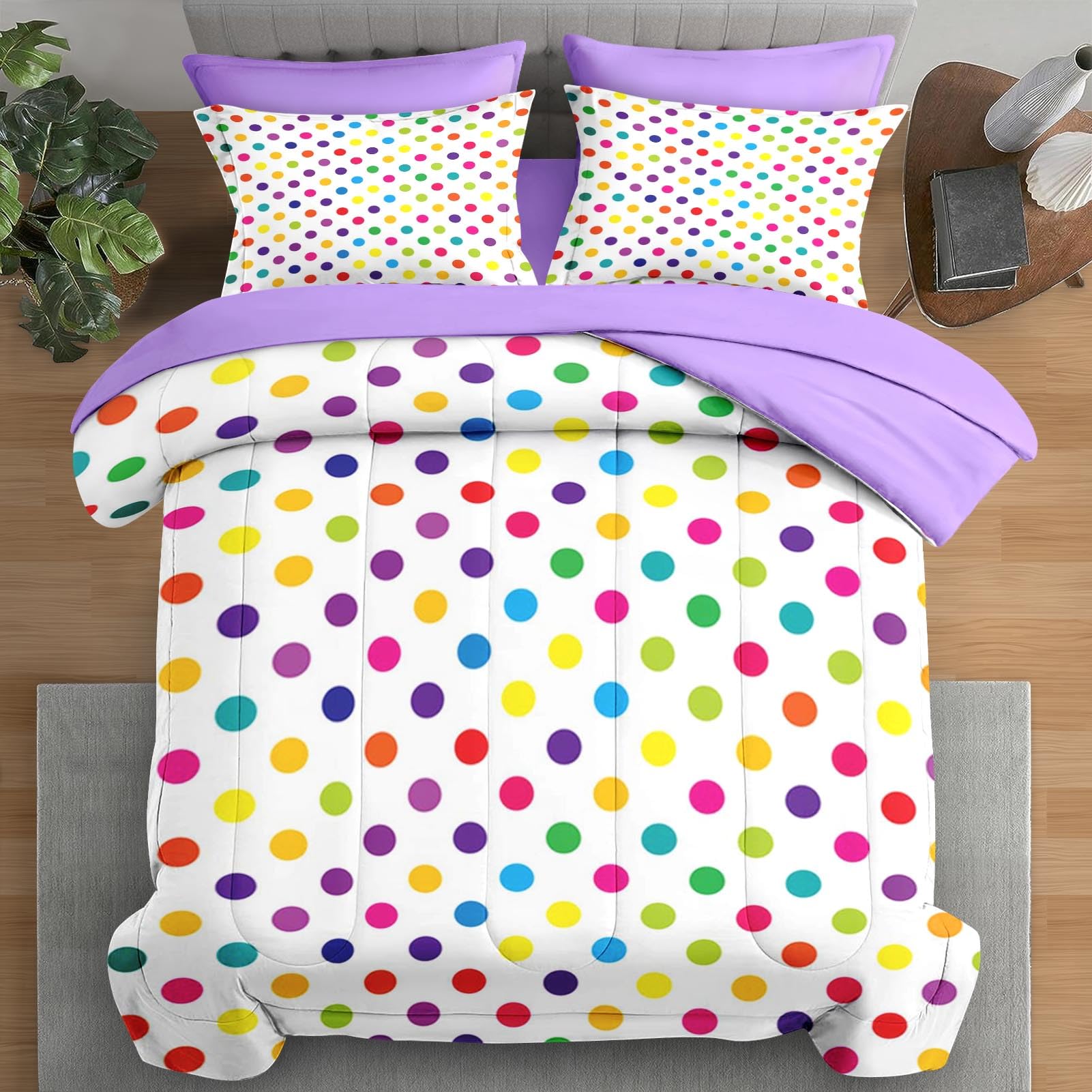 Pamnest Comforter Set Full Size, Polka Dot Purple 7 Pcs Bedding For Kids And Adults, Inspired Candy Fun Colorful Bed Sheet Sets