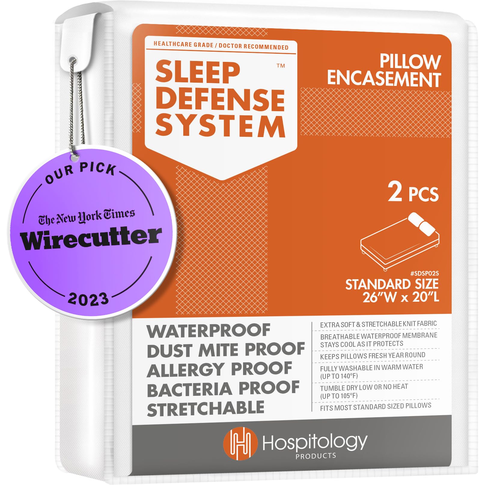 Hospitology Products Pillow Encasement- Zippered Bed Bug Dust Mite Proof Hypoallergenic - Sleep Defense System - Standard - Wate