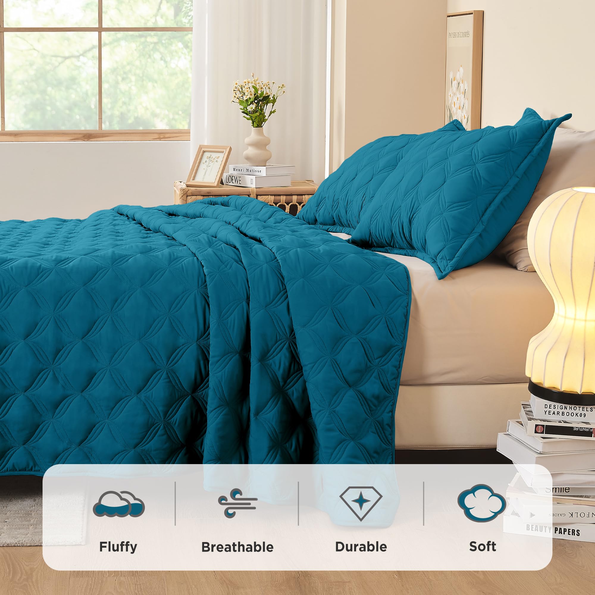 Litanika Oversized King Quilt Bedding Set,120X120Inch Super King Teal Blue Comforter Bedspreads Lightweight Bed Coverlets Boho B