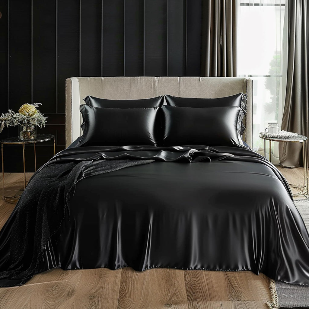 Love'S Cabin Satin King Sheet Sets - 4 Piece Black Silky Satin Sheets King Size Bed Set With Deep Pocket, Luxury Silk Feel King Size Satin Sheet Set (1 Flat Sheet,1 Fitted Sheet,2 Pillow Cases)