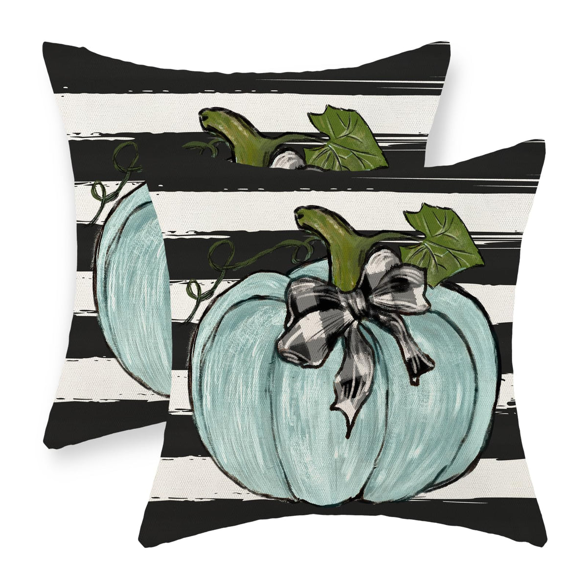 Fall Pillow Covers 18X18 Inch Pack Of 2 Teal Blue Pumpkin Leaf Stripes Fall Decor Pillowcase Autumn Thanksgiving Decorative Outd