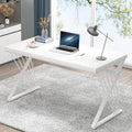 FOLUBAN Modern White Desk, Rustic Wood and Metal Computer Desk for Home Office, Simple Writing Work PC Desks for Bedroom, Indust