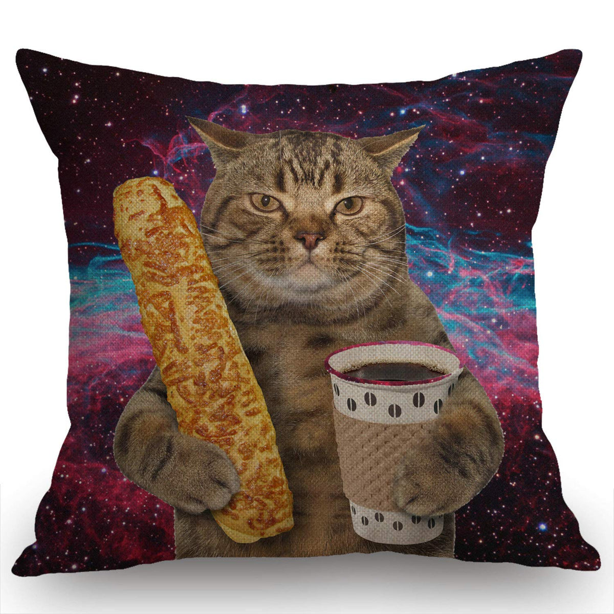 Swono Funny Galaxy Cat Decorative Throw Pillow Case The Cat Is Holding A Cup Of Black Coffee And A Baguette Decoration Cushion C