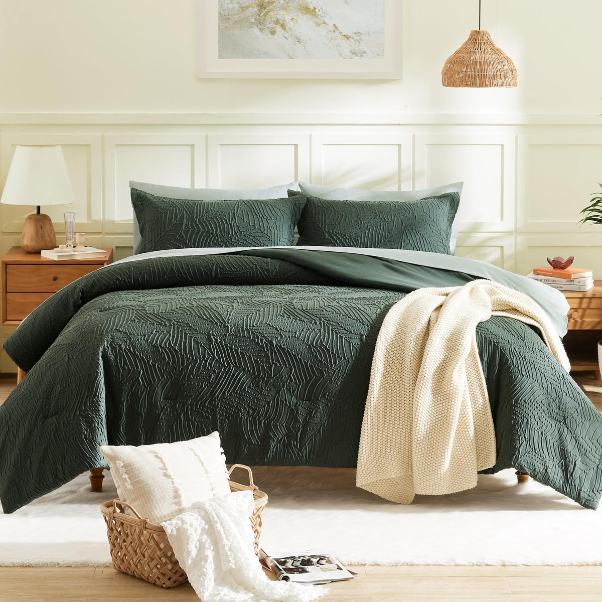 Geniospin Full Comforter Set, Bed In A Bag Sage 7-Pieces, All Season Comfortable Seersucker Bedding With Comforter, Pillow Sham,