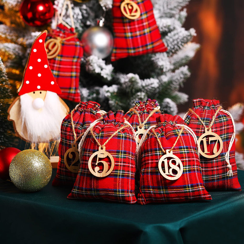 Christmas 24 Days Advent Calendar Xmas Countdown Wooden Numbers With 24 Pieces Buffalo Check Drawstring Christmas Bags For Party
