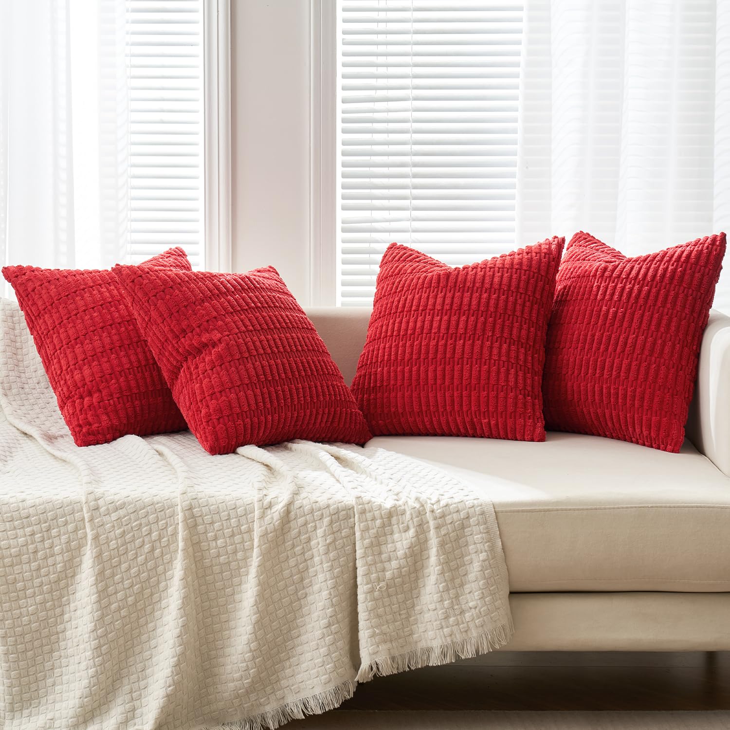 Miulee Pack Of 4 Red Corduroy Decorative Throw Pillow Covers 20X20 Inch Soft Boho Striped Pillow Covers Modern Farmhouse Home Decor For Sofa Living Room Couch Bed