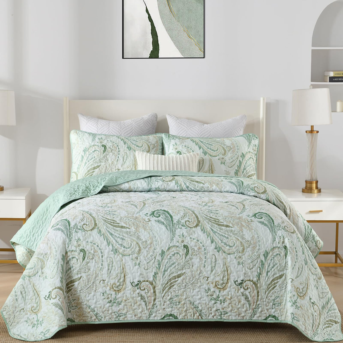 Wongs Bedding Boho Quilt Set Queen,Sage Green Paisley Floral Pattern Bedspread Coverlet Set With 2 Pillowcases,Lightweight Micro