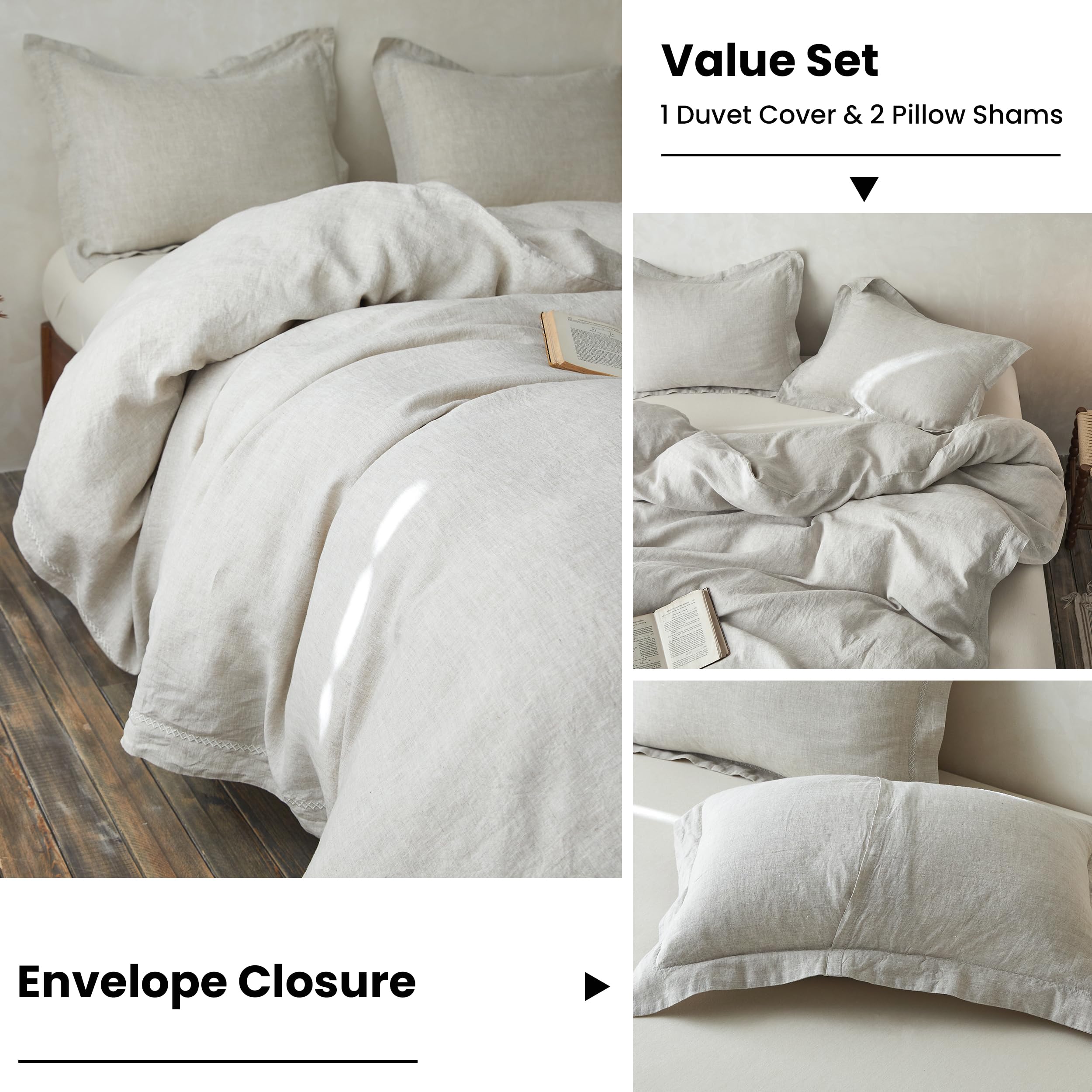 Simple&Opulence 100% Linen Duvet Cover Set With Crossed Embroidery Washed - 3 Pieces (1 Duvet Cover With 2 Pillow Shams) Soft Breathable Farmhouse - Linen, King Size