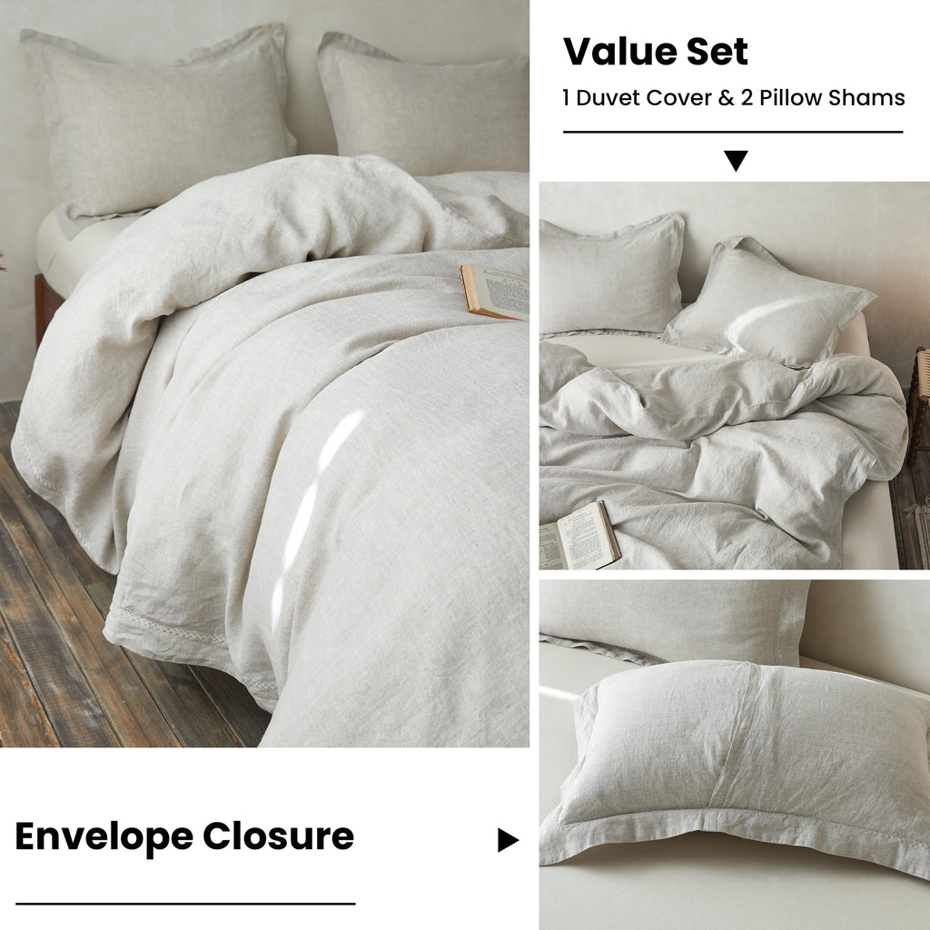 Simple&Opulence 100% Linen Duvet Cover Set With Crossed Embroidery Washed - 3 Pieces (1 Duvet Cover With 2 Pillow Shams) Soft Breathable Farmhouse - Linen, King Size