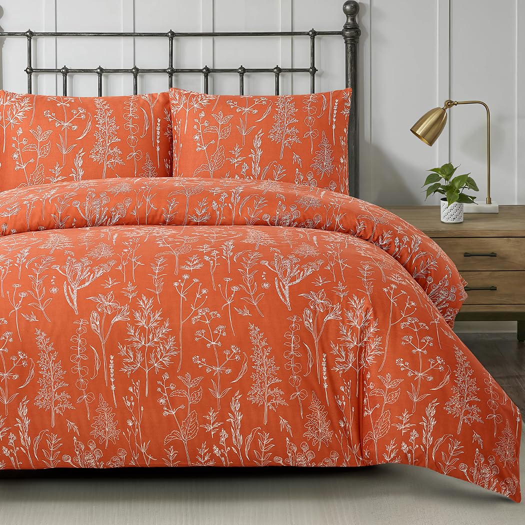 Lekesky Floral Duvet Cover Queen Size, Burnt Orange Queen Duvet Cover Plant Flowers Pattern Bedding Set For All Season, Soft Bre