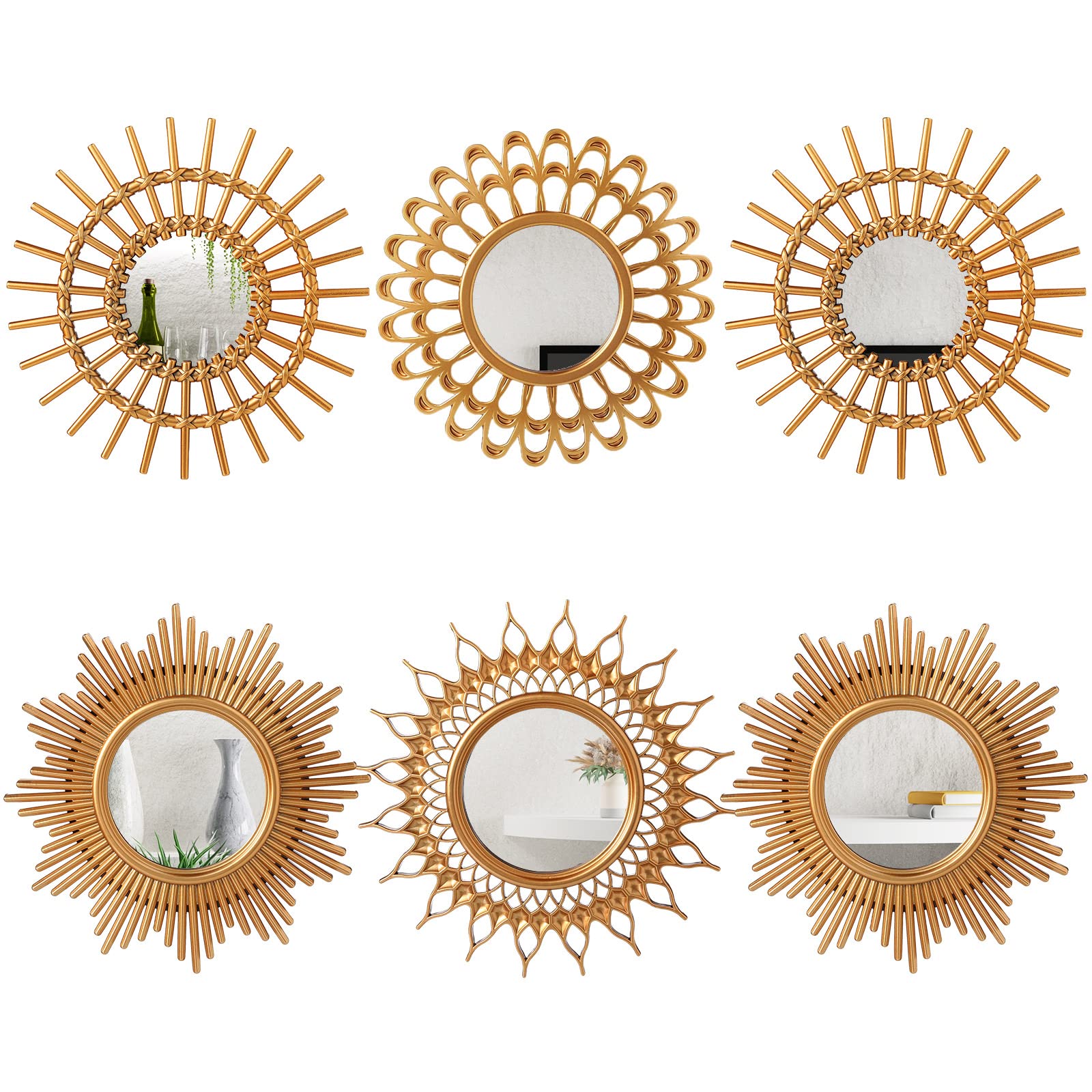 Namalu 6 Pcs Mirrors for Wall Decor, Small Circle Sun Mirrors Espejos Decorative Wall Art Entryway Mirror Hanging Circle Mirror 