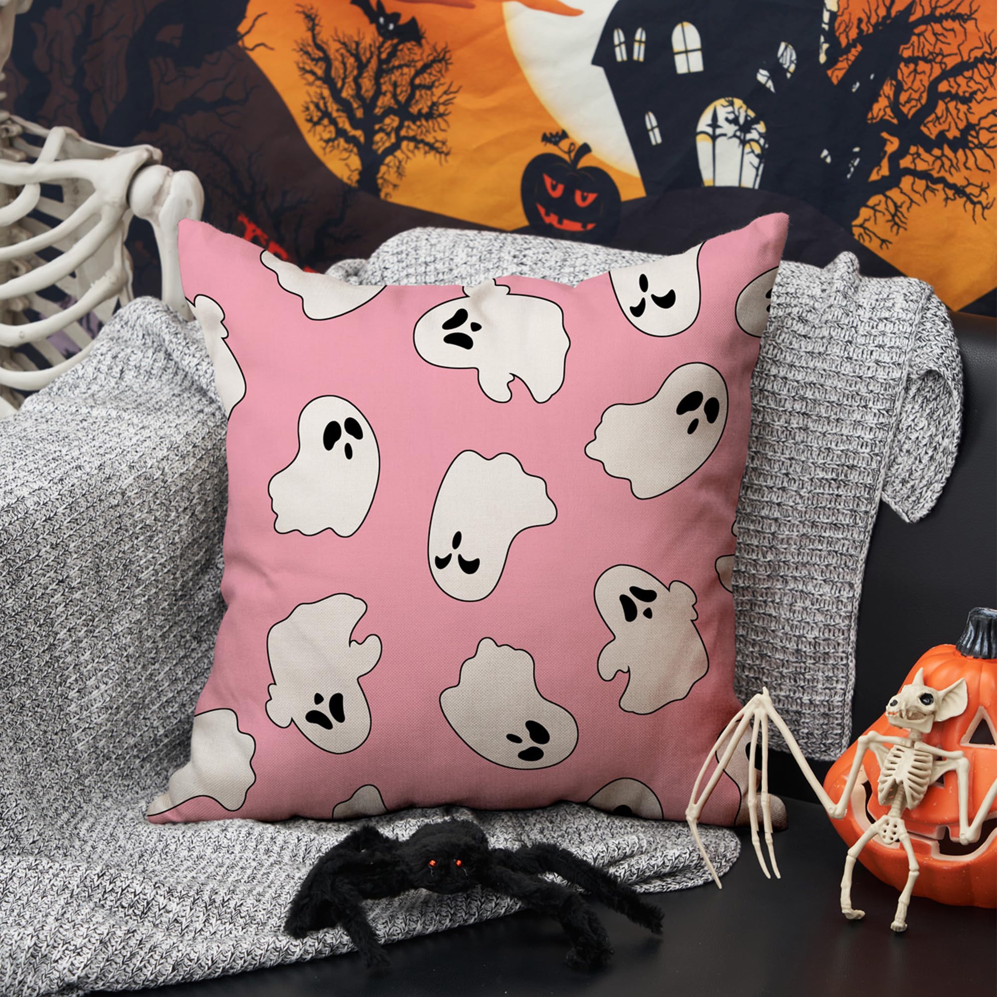 Dfxsz Halloween Pillow Covers 18X18 Inch Set Of 2 Happy Halloween White Ghost Decor Pink Pillow Covers Happy Halloween Sofa Bed