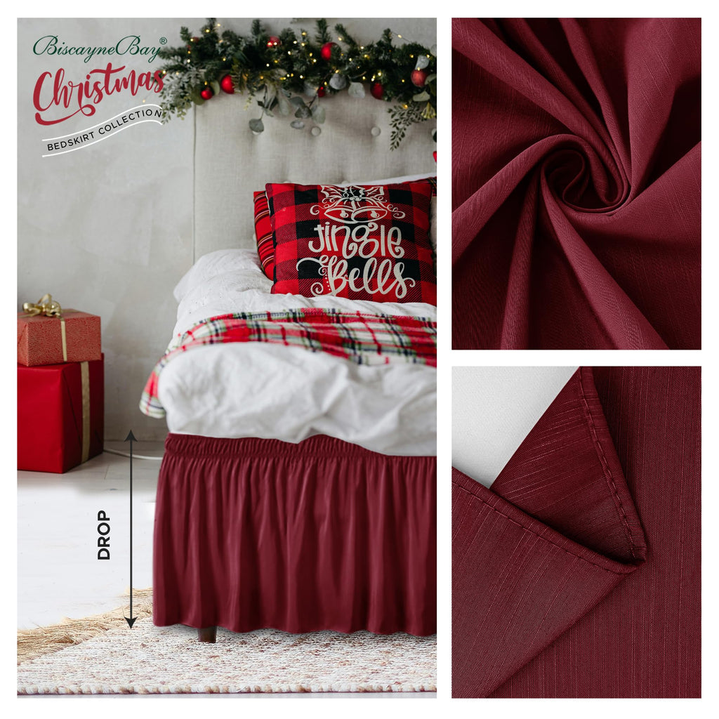 Biscaynebay Wrap Around Bed Skirts For King & Cal King Beds 16' Drop, Burgundy Adjustable Elastic Dust Ruffles Easy Fit Wrinkle & Fade Resistant Silky Luxurious Fabric Solid Machine Washable