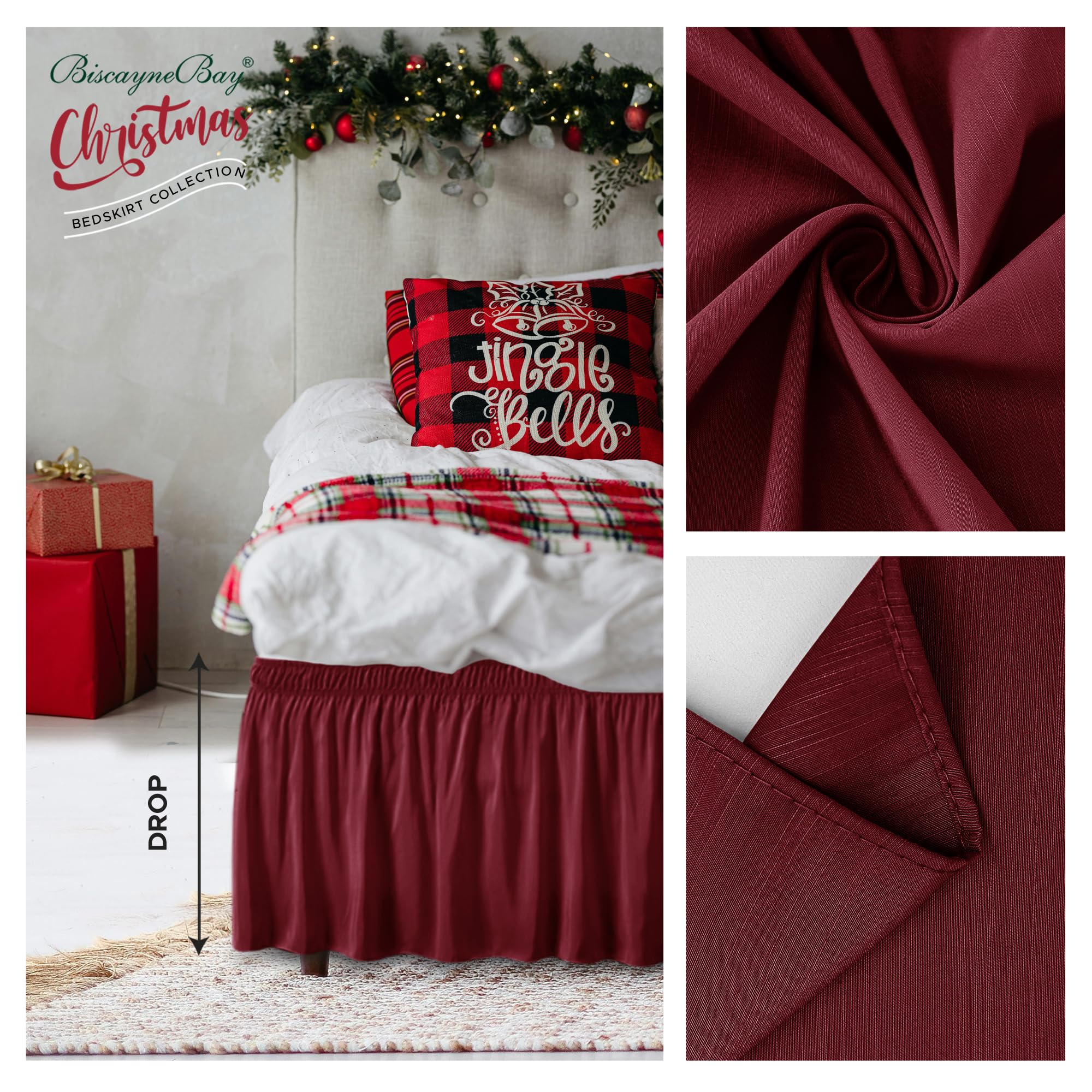 Biscaynebay Wrap Around Bed Skirts For King & Cal King Beds 16' Drop, Burgundy Adjustable Elastic Dust Ruffles Easy Fit Wrinkle & Fade Resistant Silky Luxurious Fabric Solid Machine Washable