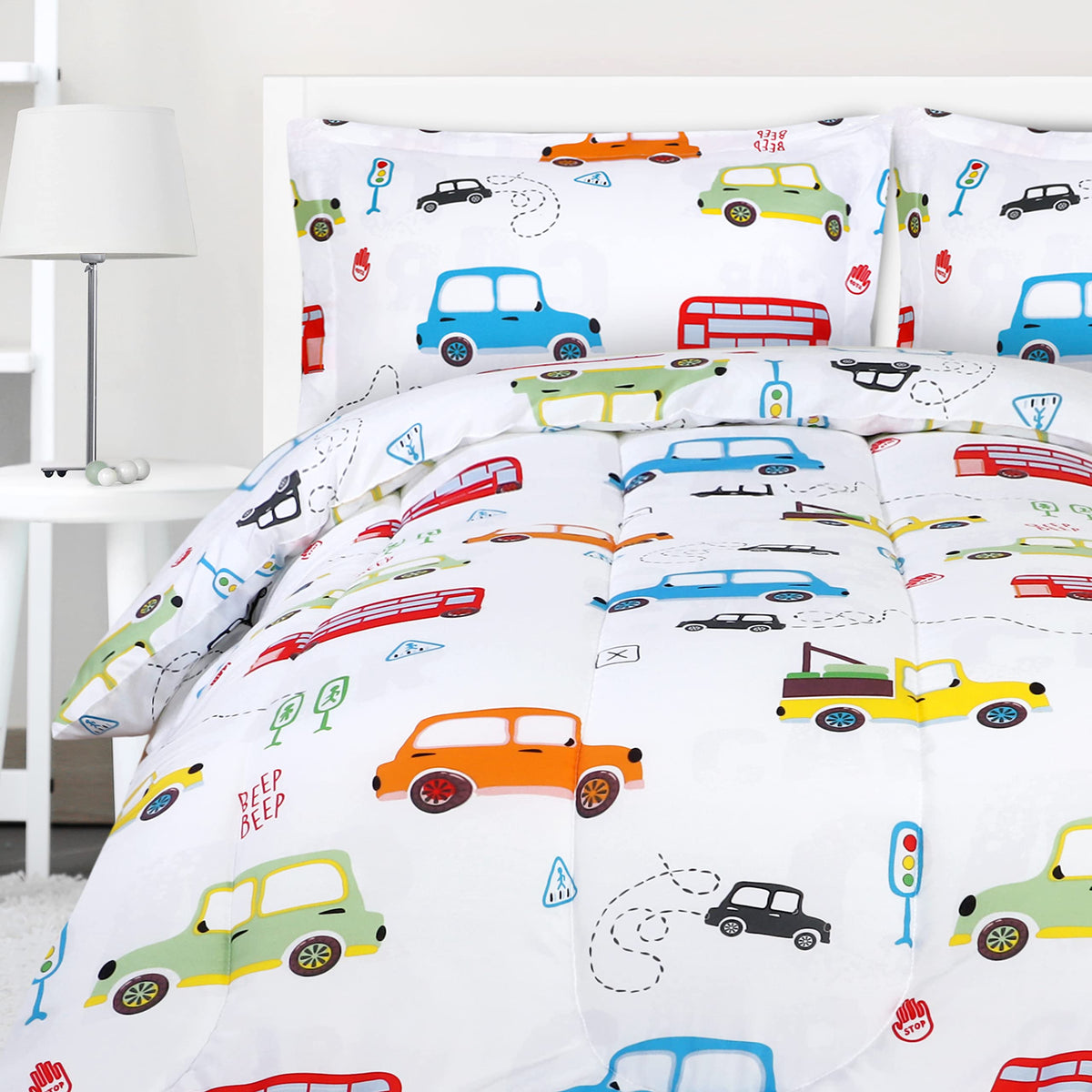 Utopia Bedding All Season Cars Comforter Set With 2 Pillow Cases - 3 Piece Soft Brushed Microfiber - Bus Van Truck Traffic Light