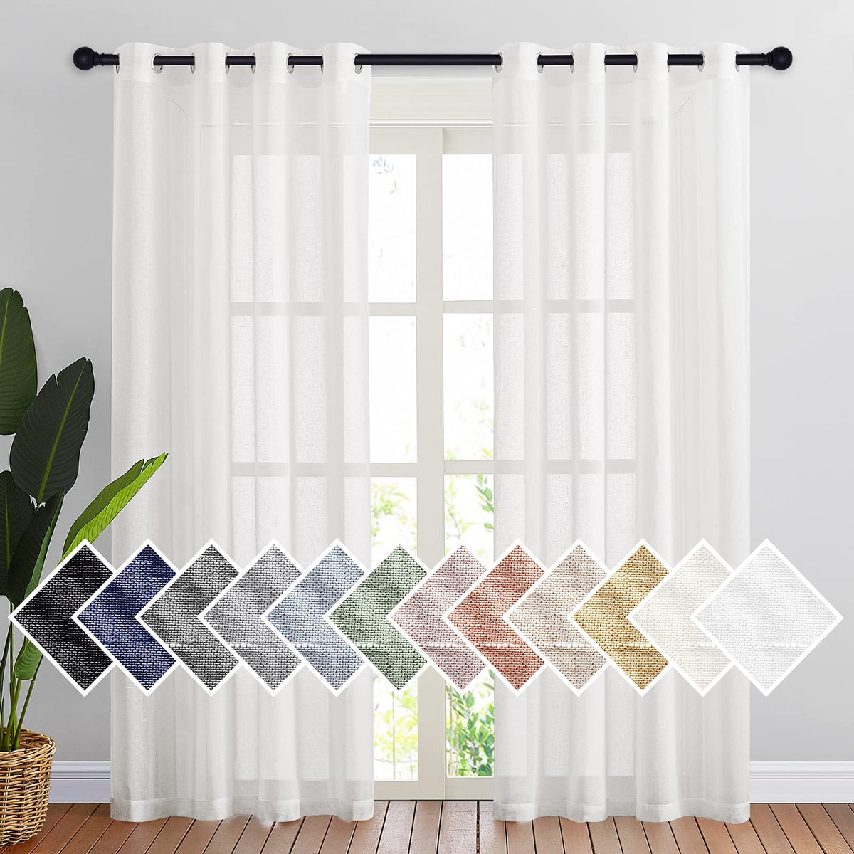 Nicetown Semi Sheer Linen Curtains Flax Textured For Living Room, Grommet Vertical Drapes Natural Privacy Sheer Panels With Ligh