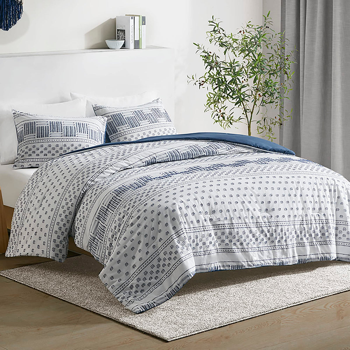 Hyde Lane Modern Navy Bedding, Blue Full/Queen Farmhouse Comforter Set, Cotton Top With Boho Style Clipped Jacquard Stripes, 3-P