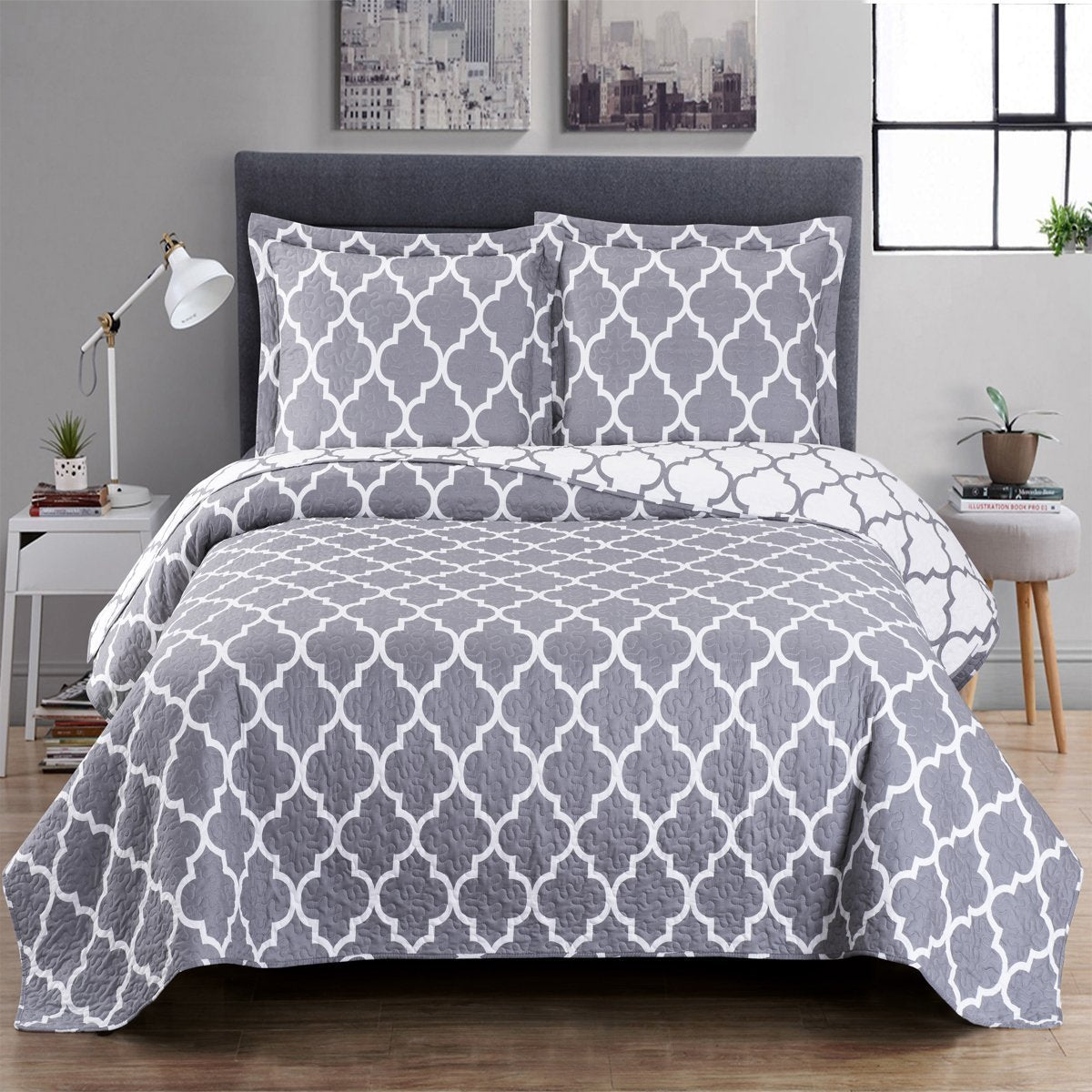 Royal Hotel Bedding Gray And White Meridian Full/Queen Coverlet 3Pc Set, Oversized Luxury Microfiber Printed Quilt By Royal Hote