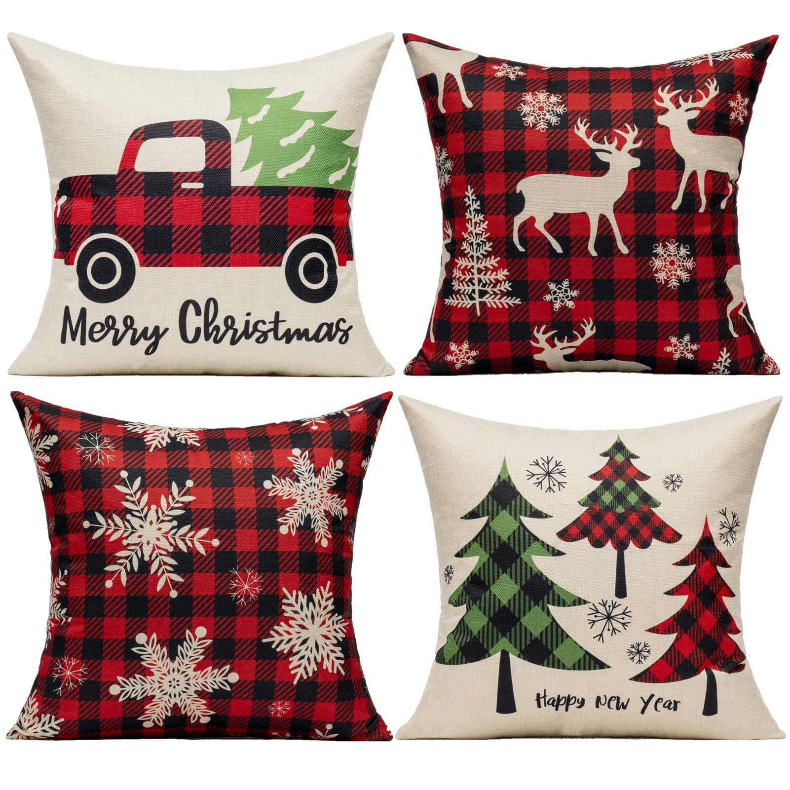 Vakado Christmas Throw Pillow Covers Decorations Outdoor Farmhouse 16X16 Set Of 4 Xmas Buffalo Check Red Deer Cushion Cases Wint