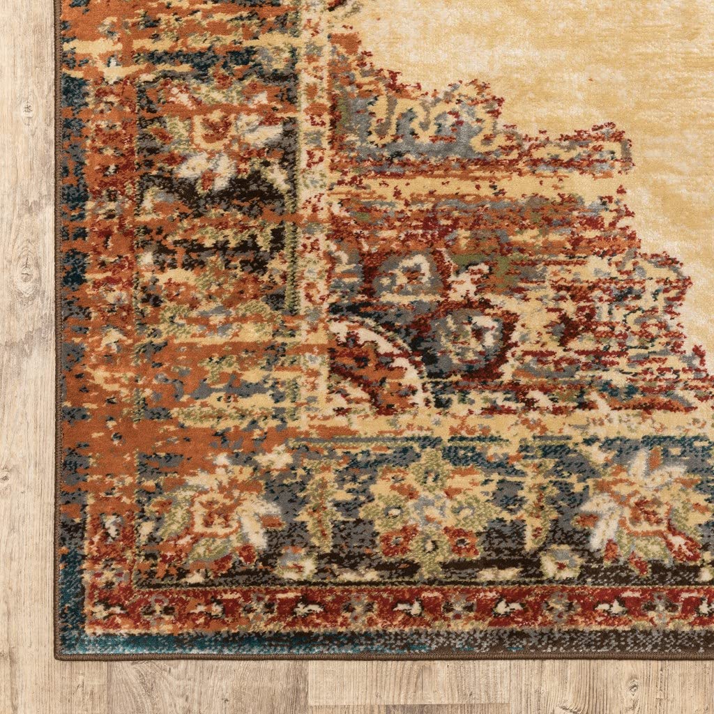 HomeRoots Polypropylene 7’ x 9’ Gold and Orage Floral MedallionArea Rug