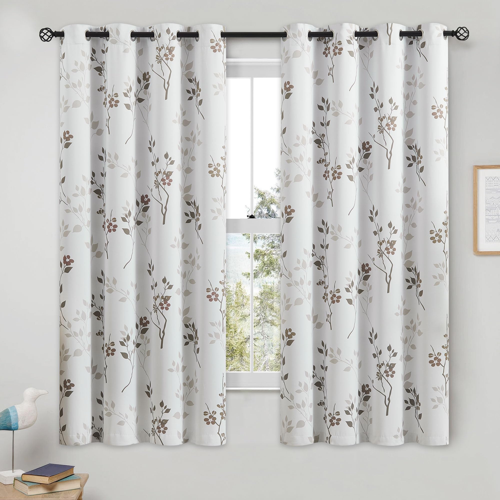 Beauoop Botanical Print Bedroom Curtains 54 Inches Long Full Blackout Window Curtain Panels Floral Thermal Insulated Drapes Leaf