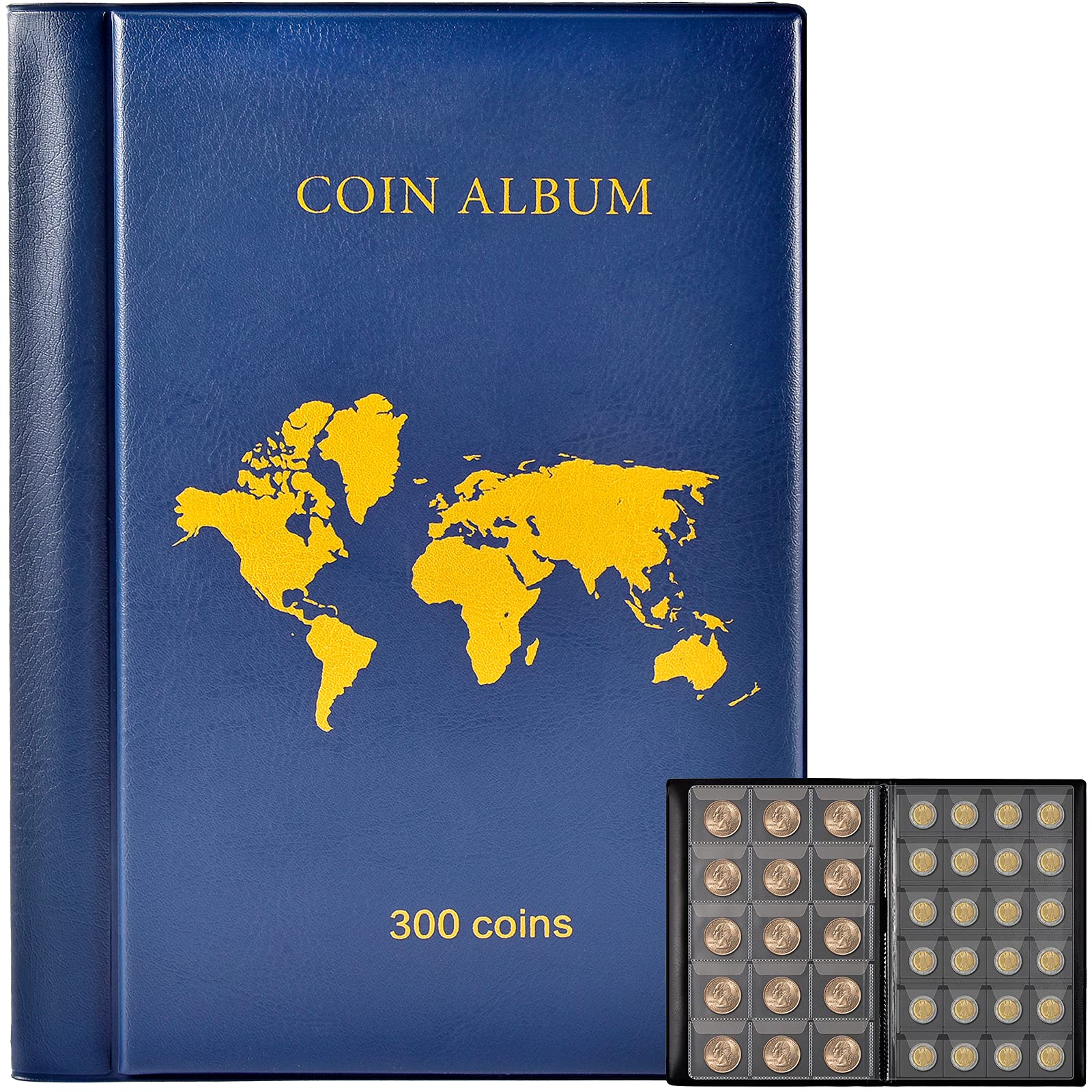Coin Collection Book Holder Album For Collectors, 300 Pockets Display Storage Case, Collecting Sleeves Organizer Box For Coin Co