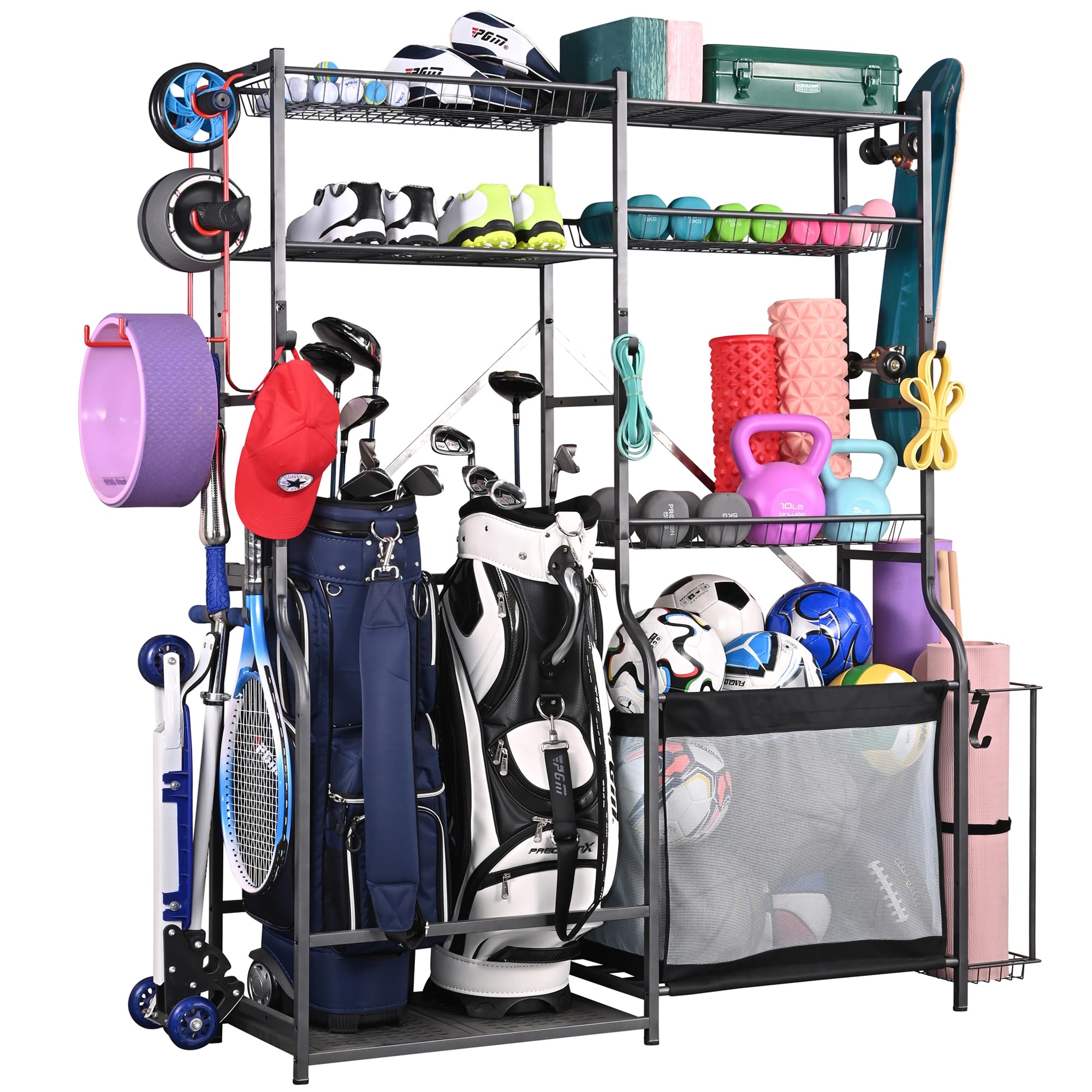 Plkow Golf Storage Ball Rack Garage Organizer, 2 Golf Bag Organizer And Other Sports Equipment Organizer For Garage, Extra Large