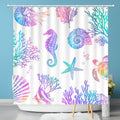 Nautical Coastal Shower Curtain, Beach Shower Curtain Sea Horse Coral Turtle Starfish Seashell Conch Ocean Themed Thick Shower C