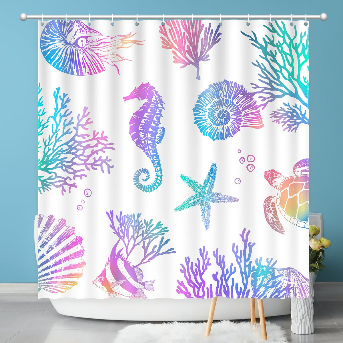 Nautical Coastal Shower Curtain, Beach Shower Curtain Sea Horse Coral Turtle Starfish Seashell Conch Ocean Themed Thick Shower C