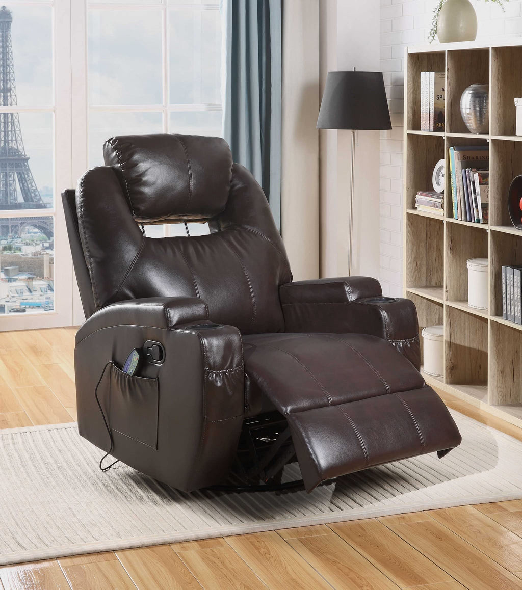 HomeRoots Boned Leather Match, Pine 34' X 37' X 41' Brown Bonded Leather Match Swivel Rocker Recliner with Massage