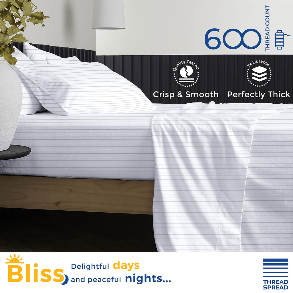 Thread Spread 100% Egyptian Cotton Printed Bed Sheets - 600 Thread Count 4 Pc Queen Sheet Set, Hotel Luxury Sateen Bedsheets, 16' Deep Pocket Cooling Sheets For Queen Size Bed - Pinstripe - Light Grey