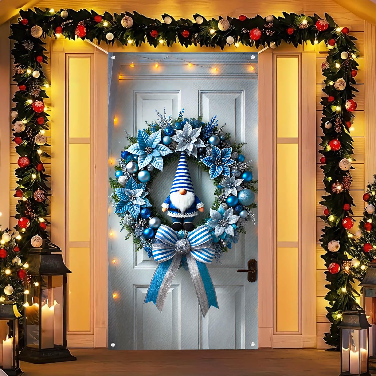 BlissYard Winter Door Banner Set 35x71 Inch Gnome Christmas with Blue Striped Ribbon and Poinsettias Home Porch Decoration Festi