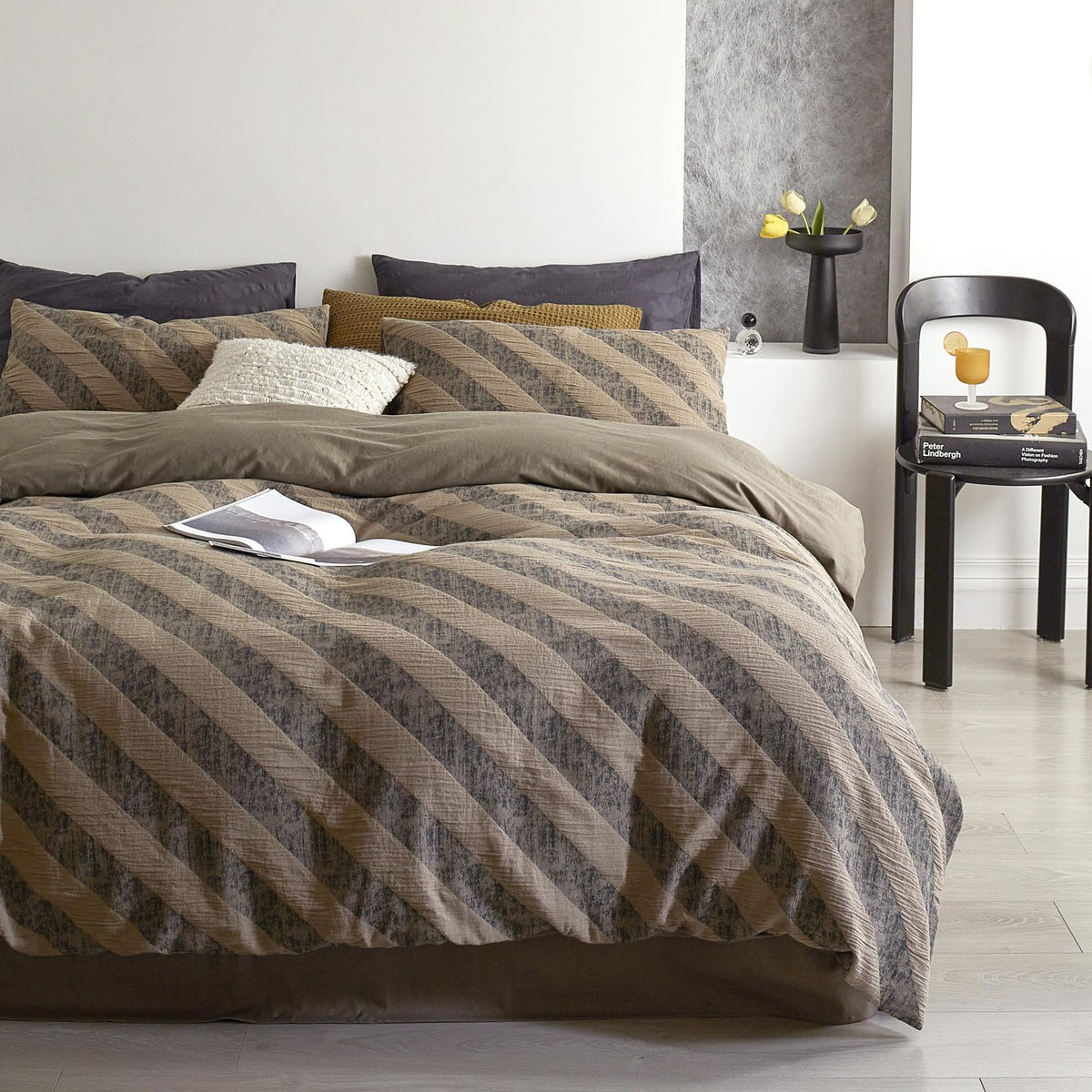 Vm Vougemarket Striped Bedding Duvet Cover King,3 Pieces Grey Khaki Diagonal Stripes Duvet Cover Sets,Linen Cotton Modern Simple