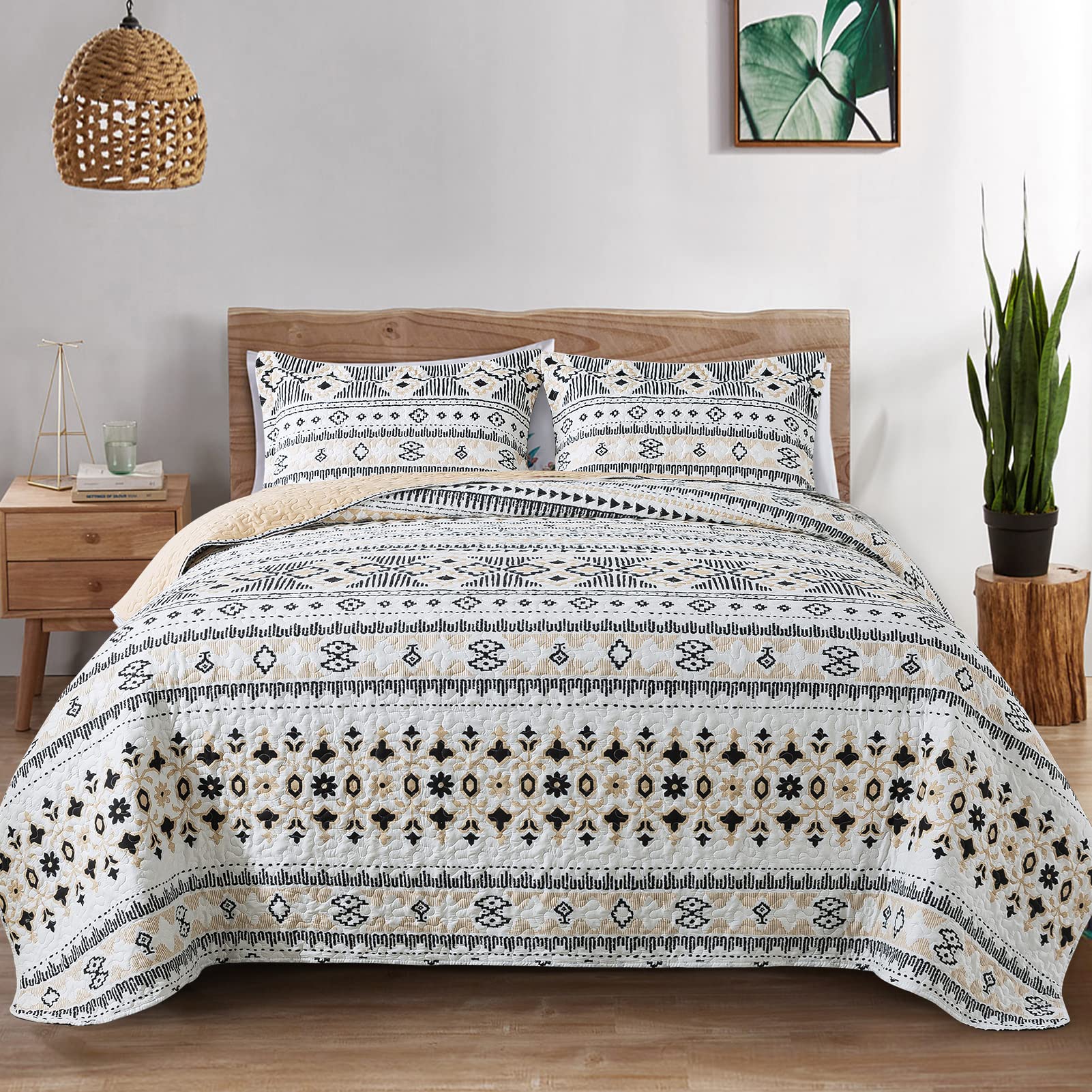 Bedifany Boho Quilt King Set, Stripe Bedspread King Size Lightweight Boho King Quilt, Farmhouse King Size Quilt Bedding Set For