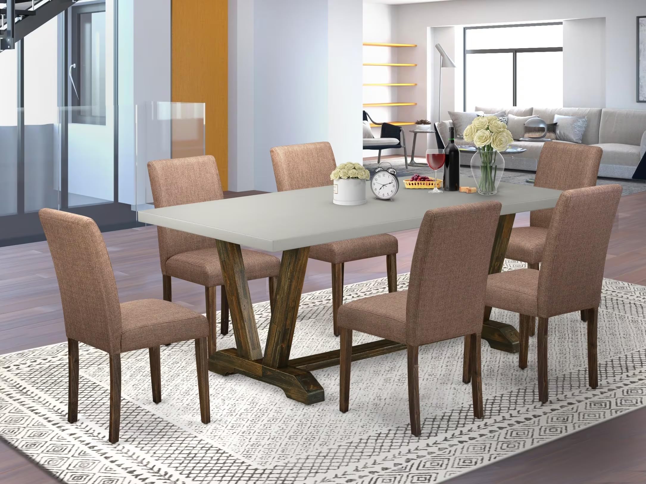 East West Furniture V797Ab747-7 7 Piece Kitchen Table Set Consist Of A Rectangle Dining Table With V-Legs And 6 Light Sable Linen Fabric Parson Dining Chairs, 40X72 Inch, Multi-Color