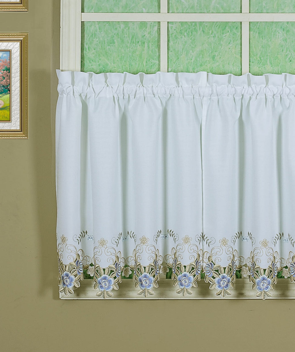 Today'S Curtain Verona Reverse Embroidery Tier, 30', White/Blue