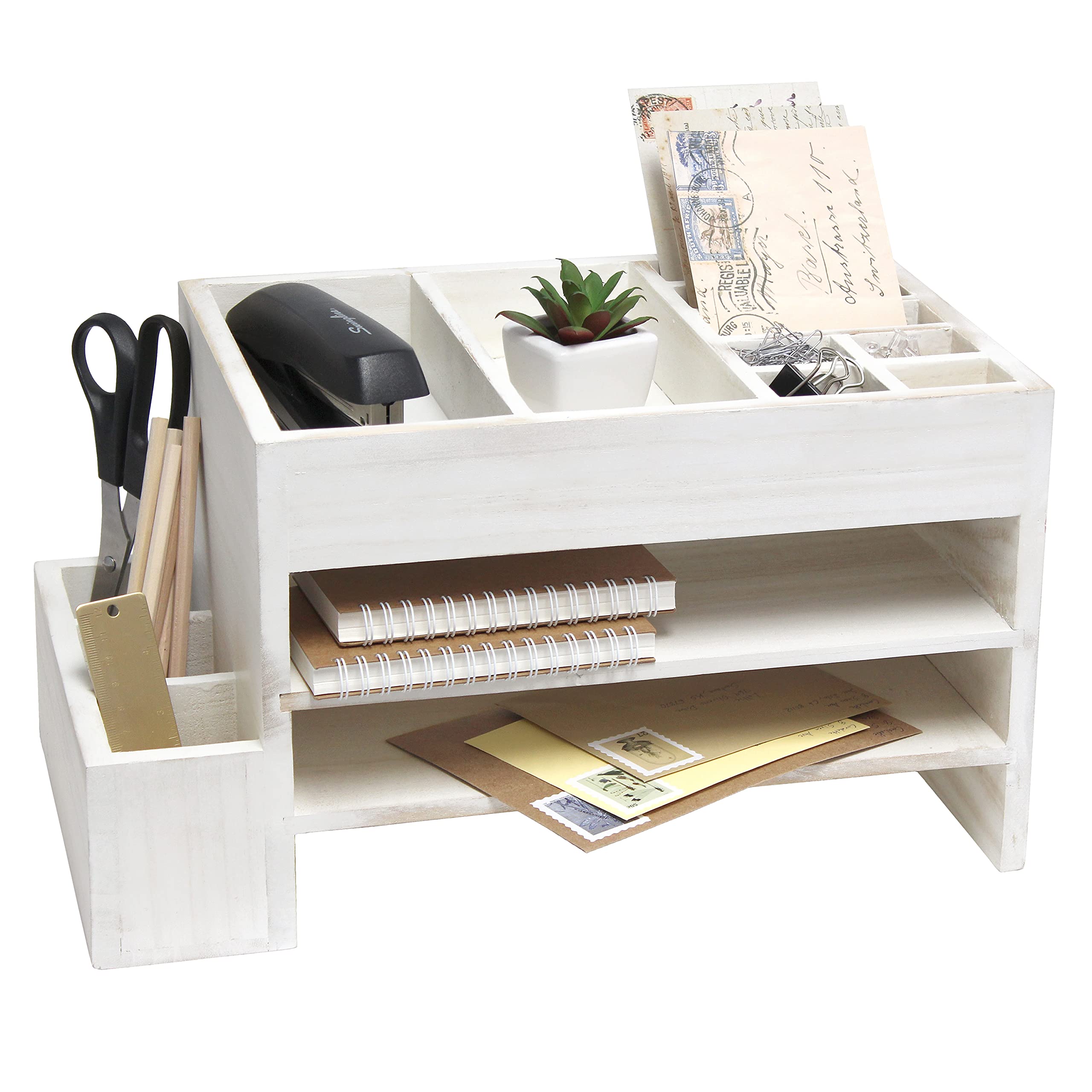 Elegant Designs Home Office Tiered Desk Organizer with Storage Cubbies and Letter Tray, White Wash