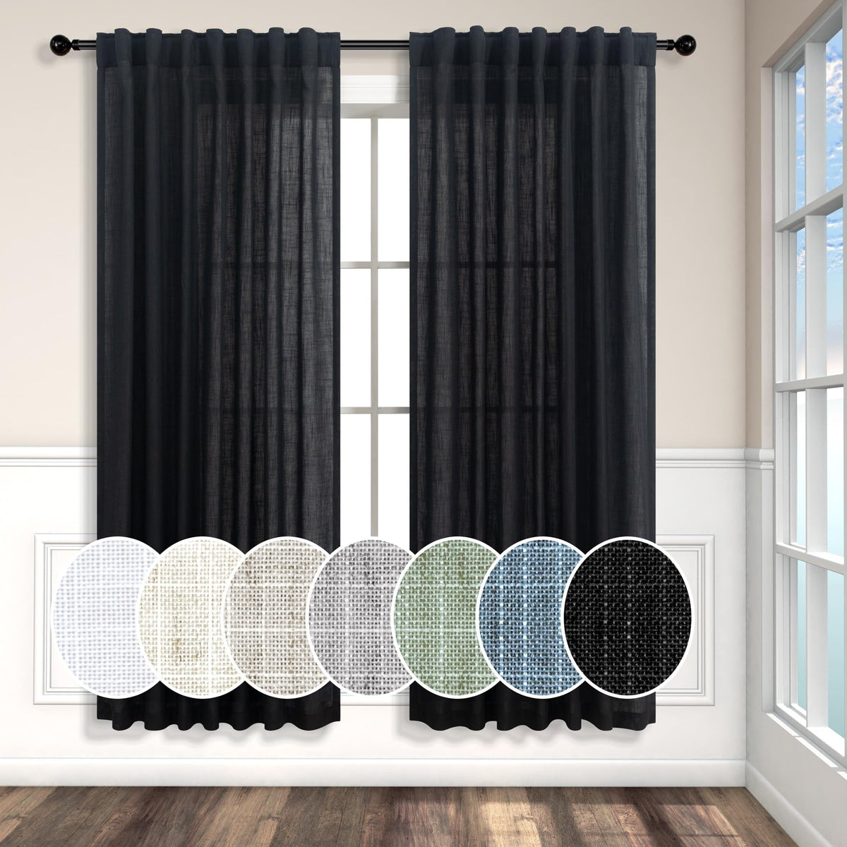 Pitalk Black Linen Curtains 63 Inch Length For Boys Bedroom 2 Panels Back Tab Rod Pocket Short Black Stylish Closet Curtains For